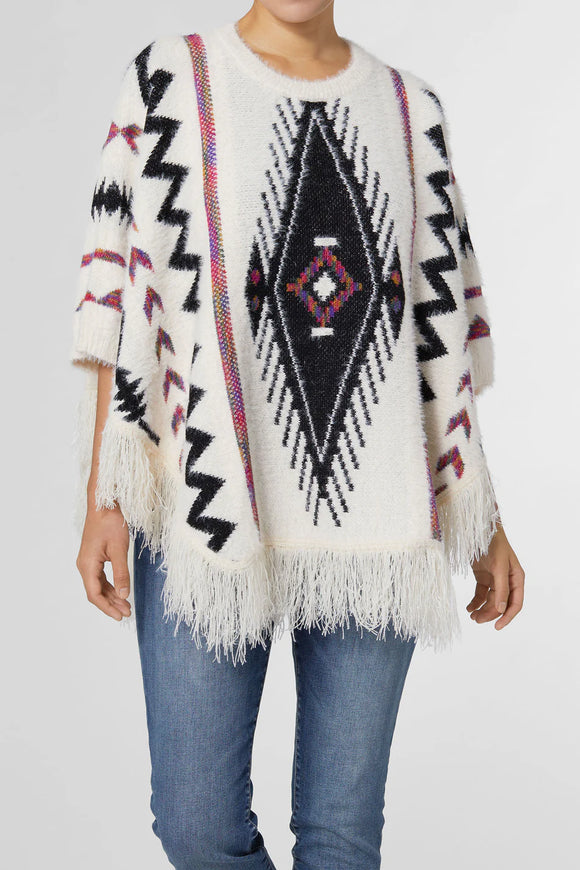 Nora Eyelash Aztec Poncho - Cream/Multi