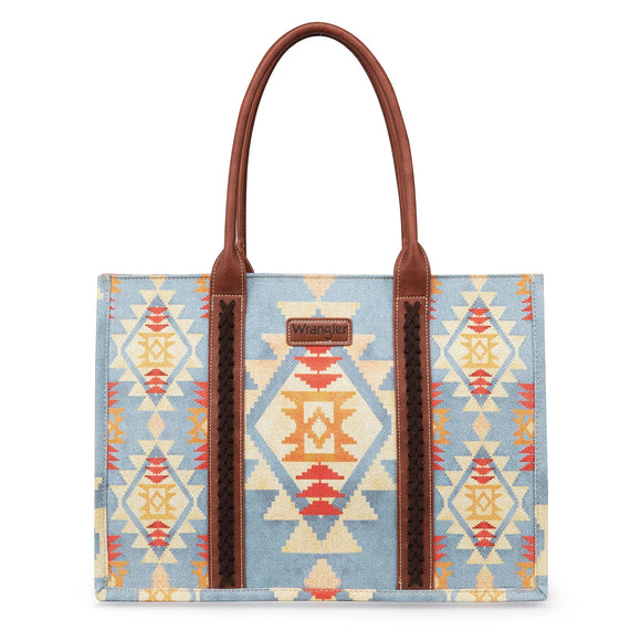 WG2202-8119 Wrangler Southwestern Pattern Dual Sided Print Canvas Wide Tote - Brown