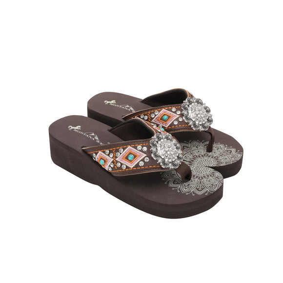 SE107-S001 Silver Floral Rhinestones Concho Embroidered Wedge Flip-Flop