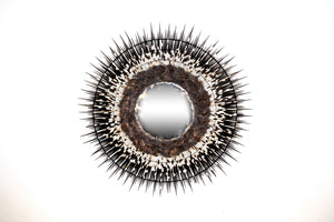 PORCUPINE QUILL MIRROR WITH GUINEA FEATHERS