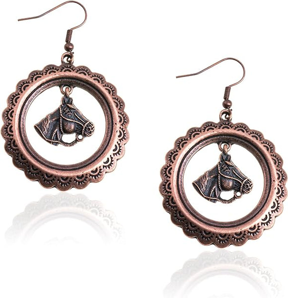 WGE-1032 Wrangler Etched Circle Alloy Horse Head Dangling Earrings