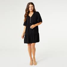 Kalina V-Neck with Ruffle Collar Tunic Dress - Black  L/XL