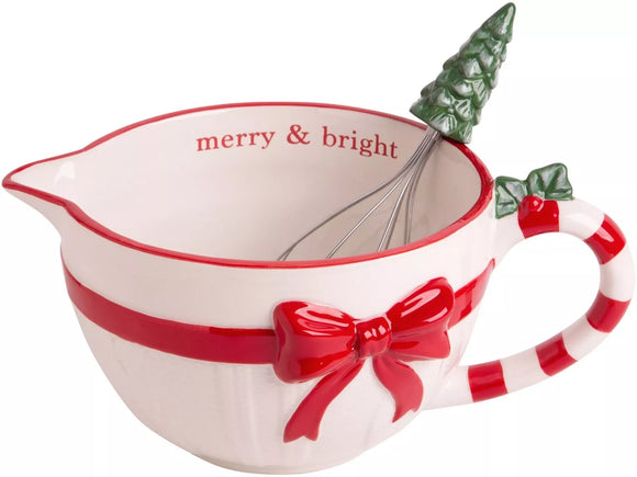 62oz White Sweater Batter Bowl W/SS Whisk With Xmas Handle