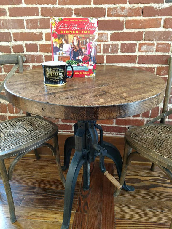 Reclaimed Boxcar Round Table with Mechanical Base