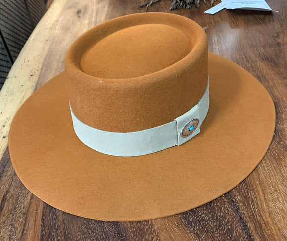 Elena Hat In Camel W/ Beige Band And Silver & Turq Concho