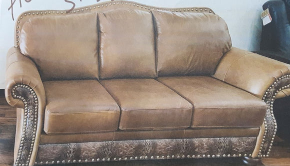 Southwest Style Sofa With Nailhead Trim And Tooled Leather Accents