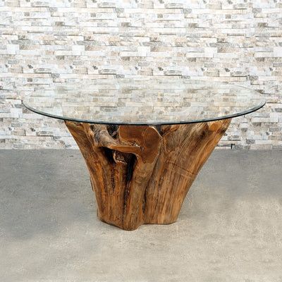 Round Glass Dining Table On Teakwood Base