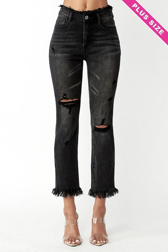 Xrdp1255 - Color Black - Hw Frayed Hem Straight Leg Jeans