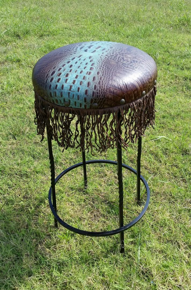 Spine Turquoise Iron Barstool with Fringe