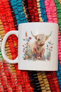 Floral Highland Cow White Mug - 11 Oz Dishwasher And Microwave Safe