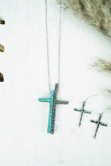 WAM Turquoise And Crystal Split Cross Necklace/Earring Set