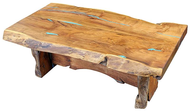 Live Edge Mesquite Coffee Table w/Turquoise Inlay - LOREC Ranch Home Furnishings